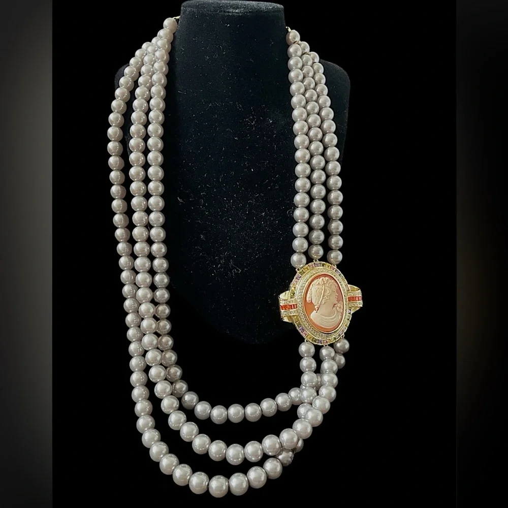 Amedeo Cameo Triple Strand Faux Pearl Necklace